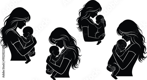 Black mother and baby silhouette set featuring tender moments of motherhood and nursing isolated on white background for family lifestyle design