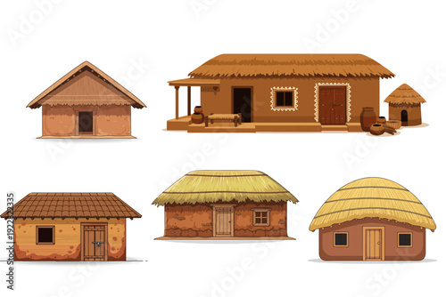 Flat 2D Indian Village Mud House Isolated on White Background – Clean Vector Illustration
