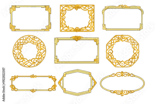 A collection of nine golden decorative frames in various shapes including circles, rectangles, and ovals, featuring intricate ornate designs and filigree on a solid black background.