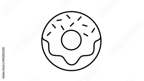 Simple black and white line drawing of a delicious glazed donut covered in sprinkles isolated on a plain white background for coloring and fun.