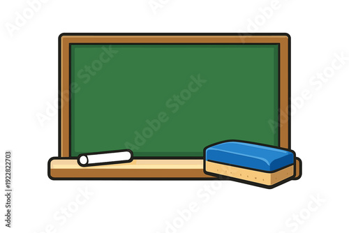 A cartoon illustration of a green chalkboard with a wooden frame, featuring a piece of black chalk and a blue eraser resting on the bottom ledge against a solid black background.