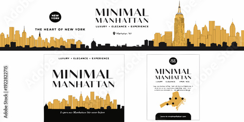 USA, US, U.S, United States - Minimal Manhattan Poster – Luxury New York City Skyline Art, Modern Black & Gold Manhattan Design