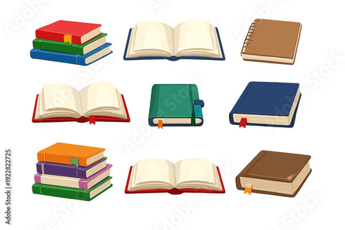 A collection of colorful cartoon illustrations featuring various books and notebooks. The set includes open books, closed journals with bookmarks, and stacks of hardcover volumes.