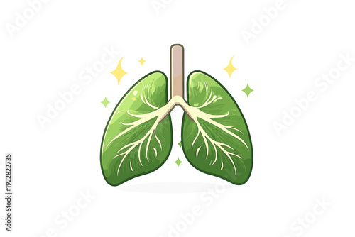 A digital illustration of healthy green lungs with white branching patterns and sparkling stars on a black background, representing clean air and respiratory wellness.