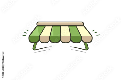 This graphic features a green and beige striped awning with a simple, rounded design. The illustration is set against a dark background, depicting a classic shop or cafe canopy.