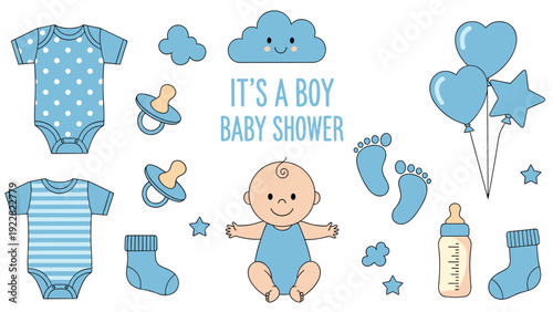 Collection of cute blue baby shower clip art elements including onesies, socks, pacifiers, a baby boy, clouds, and heart-shaped party balloons.
