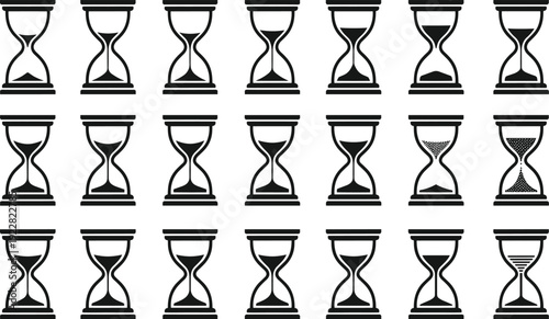 Black hourglass silhouette icon set with varying sand levels isolated on white for time management deadline history and countdown design