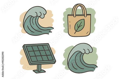 A set of four environmental icons featuring ocean waves, a reusable tote bag with a leaf design, and a solar panel. The illustrations have a hand-drawn sticker style with muted colors.