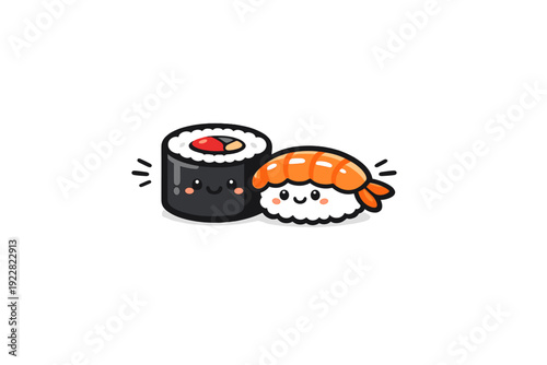 A cute cartoon illustration of two smiling sushi pieces, a maki roll and a shrimp nigiri, set against a solid black background. The characters feature simple kawaii faces and bright colors.