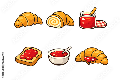This set of cartoon illustrations includes golden croissants, a jar of red fruit jam, a slice of toast topped with jam, and a bowl of jam, all isolated on a black background.
