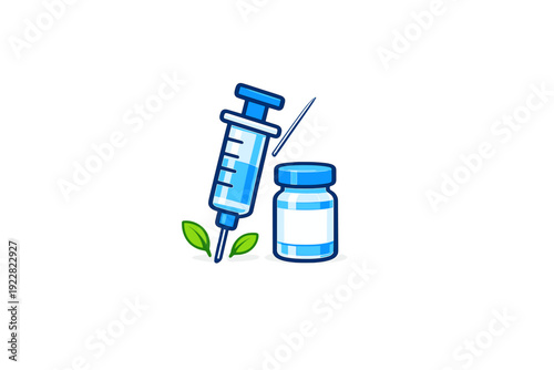 This cartoon illustration features a blue medical syringe and a medicine vial with a white label, accompanied by small green leaves at the base on a black background.