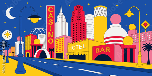 USA, US, U.S, United States - Casino Nightlife Cityscape Art – Colorful Retro Hotel & Bar Illustration, Vibrant Neon Entertainment District Poster Wall Decor