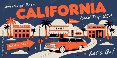 USA, US, U.S, United States - Greetings From California Art – Retro Road Trip USA Postcard Illustration, Vintage Travel Poster with Car, Palm Trees, and Coastal Landmarks