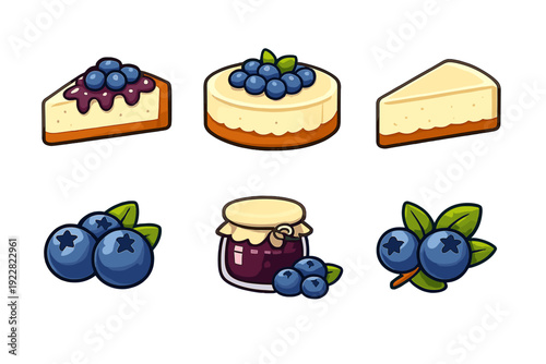 A collection of six cartoon icons featuring blueberry cheesecake slices, a whole cake, fresh blueberries with green leaves, and a jar of purple fruit jam on a black background.