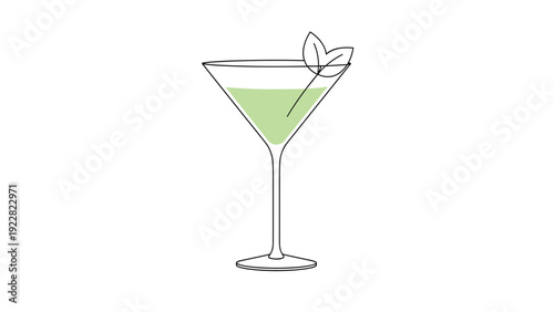 Elegant line drawing of a martini glass filled with green cocktail liquid and garnished with a sprig of fresh mint or aromatic basil leaves.