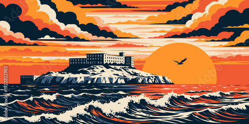 USA, US, U.S, United States - Alcatraz Island Art – Dramatic Sunset Illustration, San Francisco Landmark Poster, Bold Ocean and Prison Skyline Wall Decor