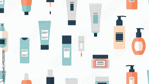 Seamless pattern background featuring various skincare and cosmetic products like tubes, pump bottles, jars, and spray containers in a flat style.