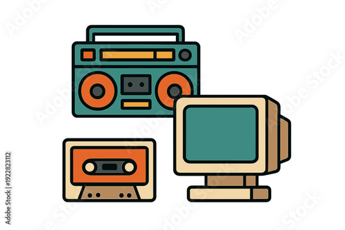 A retro-style illustration featuring a vintage boombox, a CRT computer monitor, and a cassette tape on a black background. The artwork uses a flat design with teal, orange, and beige tones.