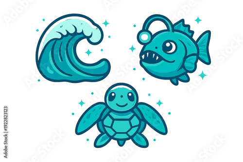 A collection of three stylized ocean-themed illustrations featuring a cresting wave, a deep-sea anglerfish, and a smiling sea turtle, all rendered in shades of teal and blue on a black background.