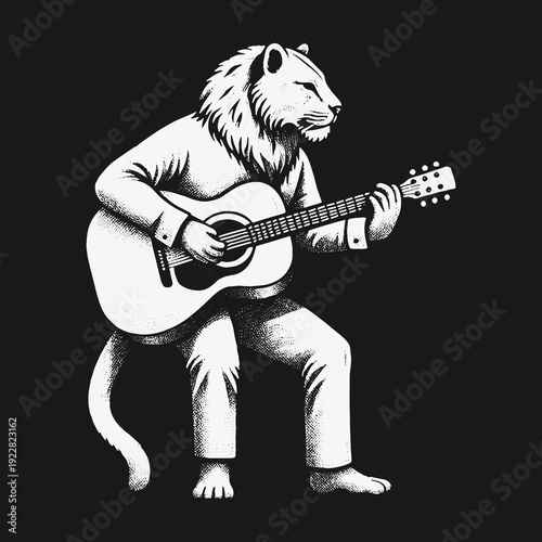 Lion Musician Playing Guitar in Black and White Illustration.