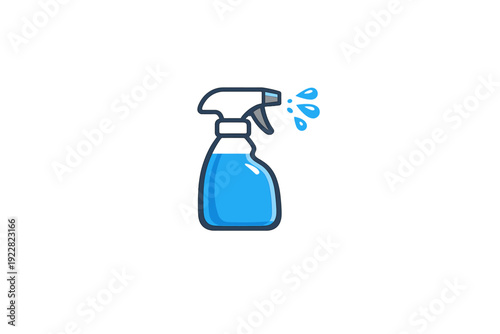This digital illustration features a blue plastic spray bottle with a black trigger mechanism, emitting several blue droplets of liquid against a plain black background.