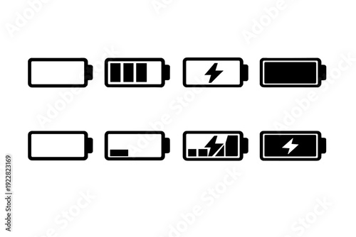 A collection of eight minimalist battery status icons displayed on a black background. The set includes empty, low, partially full, and charging indicators with lightning bolt symbols.