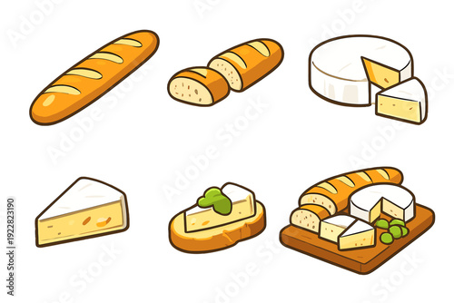 A collection of cartoon illustrations featuring French baguettes, brie cheese wheels, and wedges, including a wooden serving board with bread, cheese, and green olives on a black background.