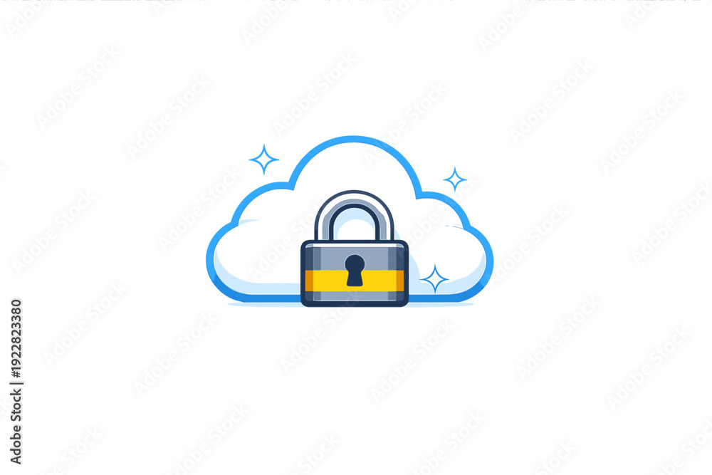 Fototapeta premium This illustration features a white cloud with a blue border and a grey padlock with a yellow stripe, symbolizing secure data storage and cybersecurity on a black backdrop.
