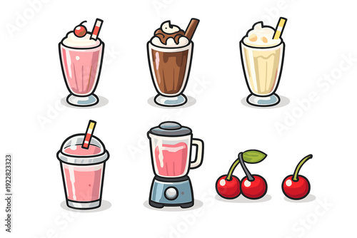 A collection of cartoon illustrations featuring various milkshakes in glasses, a pink smoothie in a plastic cup, a blender, and fresh red cherries on a black background.