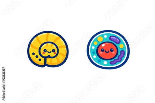 Two cute cartoon icons on a black background featuring a yellow spiral creature and a colorful biological cell with smiling faces in a kawaii vector style.
