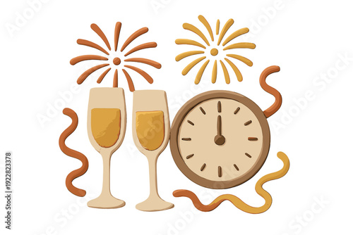 This clay-style graphic depicts two champagne flutes next to a clock pointing to midnight, surrounded by fireworks and streamers on a black backdrop for a festive holiday scene.