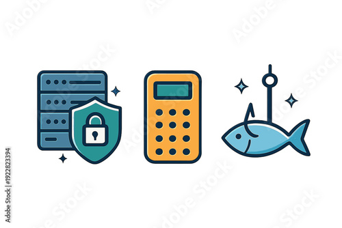 A collection of three stylized icons representing cybersecurity, finance, and phishing, featuring a protected server rack, a calculator, and a fish on a hook against a black background.