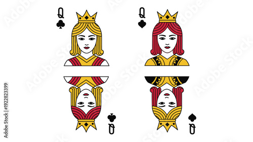 Graphic illustration of two playing card queens, the Queen of Clubs and the Queen of Spades, showing the upper and lower halves in a mirror.