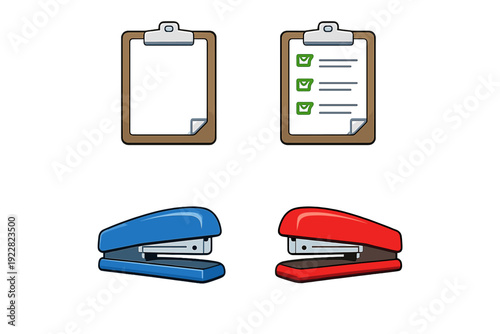 A collection of office supplies featuring two clipboards, one empty and one with a checklist, alongside a blue stapler and a red stapler, all presented as vector illustrations on a black background.