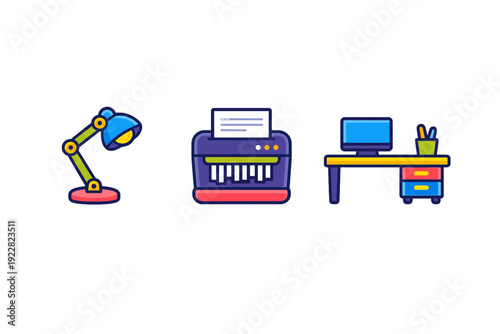 Three flat vector icons of office supplies including a blue desk lamp, a purple paper shredder, and a yellow desk with a computer monitor and colorful drawers on black.
