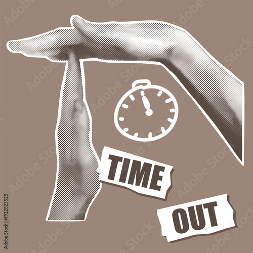 Time Out Hand Gesture in Retro Collage Pop Art Halftone Style Monochrome Vintage Poster Vector Illustration