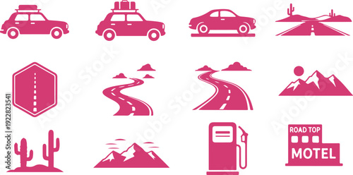 Collection of road trip and travel icons featuring cars desert landscapes winding roads and motel symbols isolated on transparent background