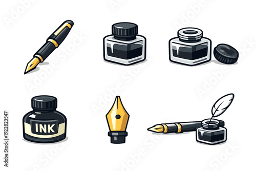 A collection of six illustrations featuring fountain pens, ink bottles, and a quill. The set includes various writing instruments and ink containers in a stylized graphic design.