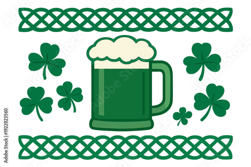 A festive illustration for St. Patrick's Day featuring a large mug of green beer with frothy white foam, surrounded by green shamrocks and intricate Celtic knot borders on a dark background.