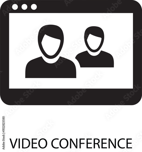 Vector icon of a video conference interface showing two stylized person silhouettes on a computer screen for digital communication and remote work
