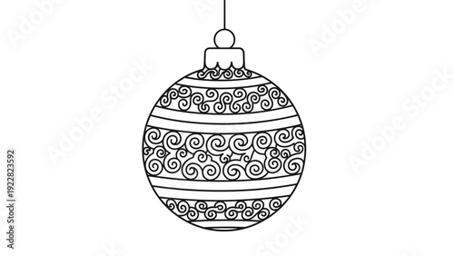 Detailed black and white line art of a round Christmas ornament decorated with intricate wave and swirl patterns for holiday seasonal coloring.