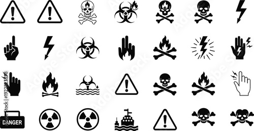 Hazard safety warning sign icon set with skull crossbones fire biohazard high voltage and radiation symbols for industrial occupational health safety