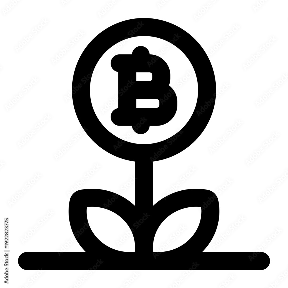Obraz premium Bitcoin symbol growing on a plant stem with leaves, illustrating investment growth concept.
