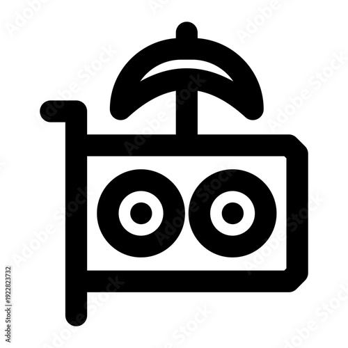 Black and white icon showing a pickaxe atop a GPU with fans, representing cryptocurrency mining hardware.