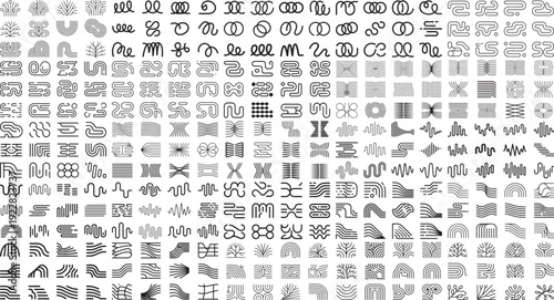 Collection of various abstract line patterns and shapes in black on white background for design elements