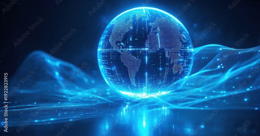 Obraz premium Glowing globe represents digital world. Bright lines suggest data flow, connectivity, future technology. Dark background enhances luminescence.