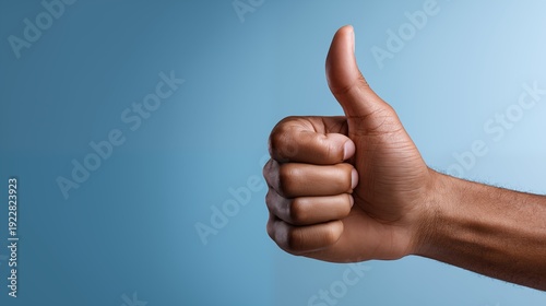 Hand showing thumbs up gesture on blue background as approval and positive feedback concept