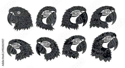 Stylized black and white illustrations of macaw parrot heads in a grid