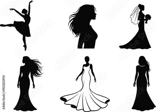 Elegant female silhouette set with ballerina bride in wedding dress and women in evening gowns for beauty fashion and luxury