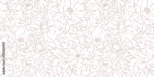 Vintage inky line art artistic floral pattern, botanical flower seamless pattern background light neutral beige